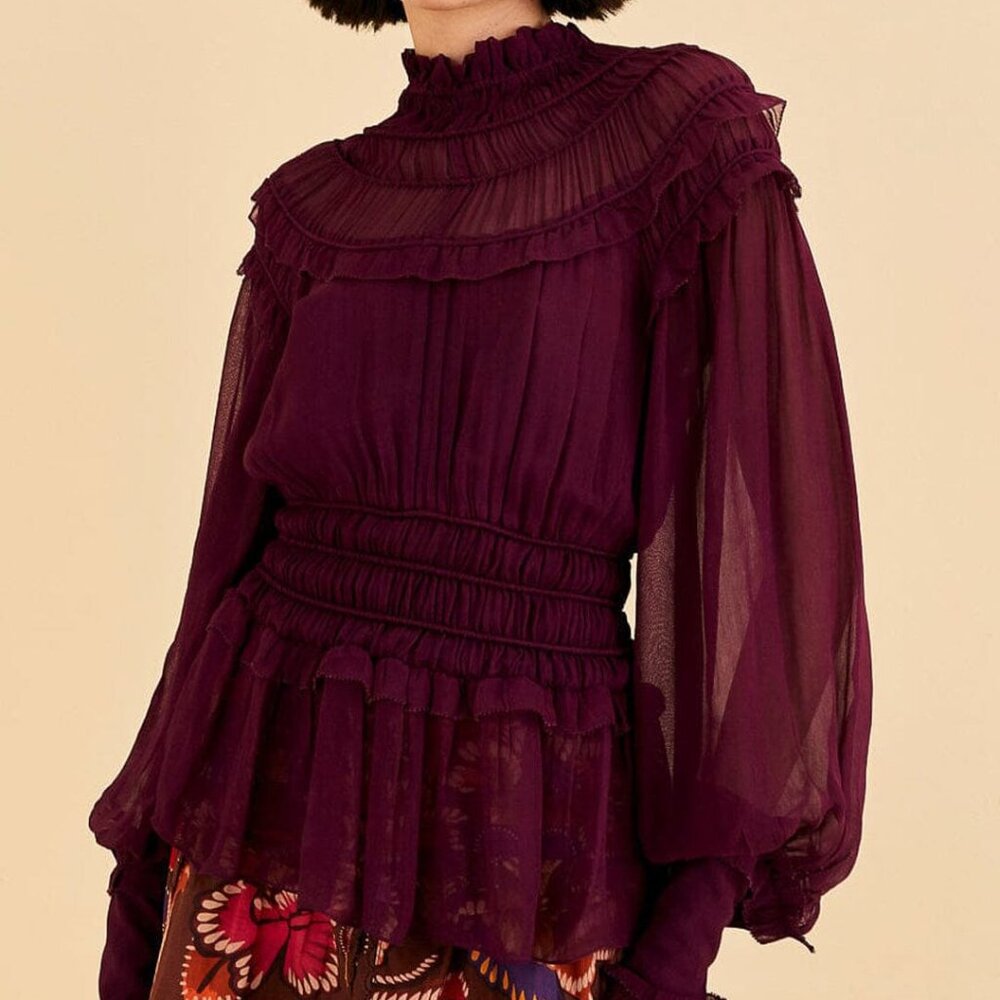 Burgundy Ruffle High Neck Blouse